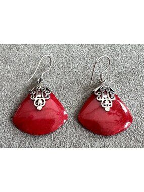Vintage RED CORAL  in Ornate STERLING Silver DANGLE EARRINGS 1.5" Signed BC